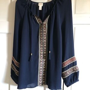 Chicos size 2 navy blouse with gold trim